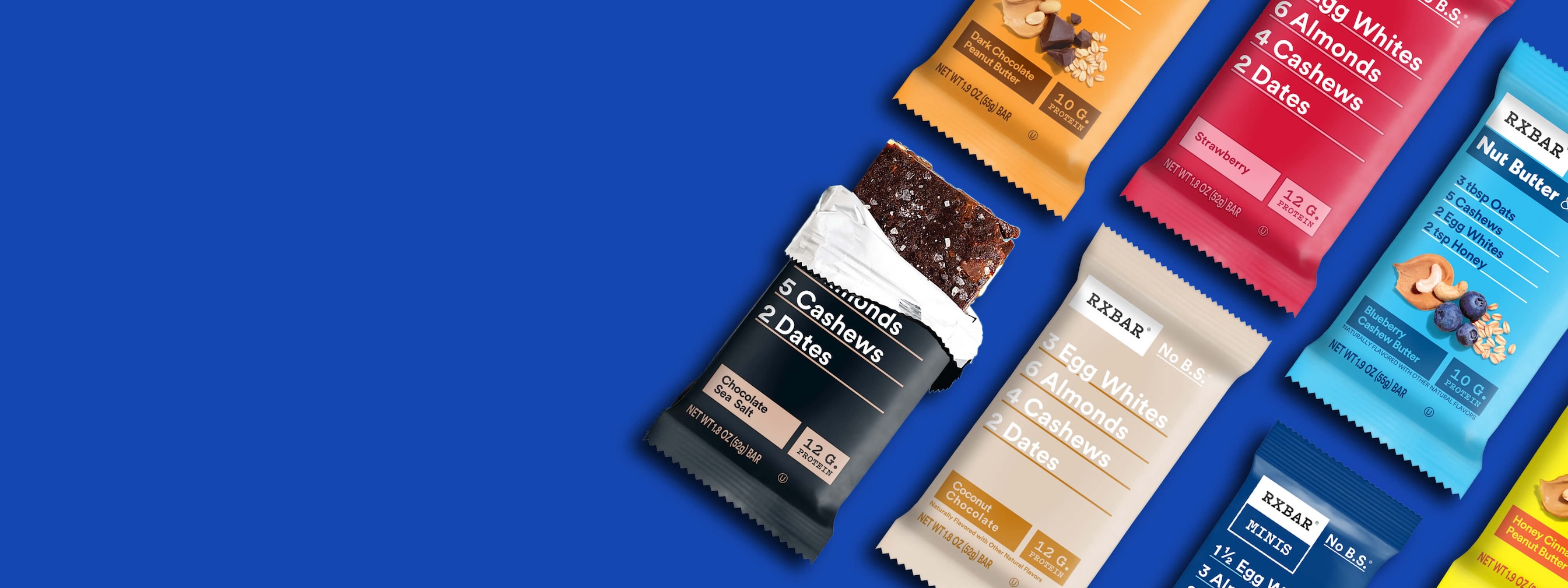 RXBAR varieties including RXBAR chocolate sea salt, strawberry, and vanilla almond butter, on a blue background